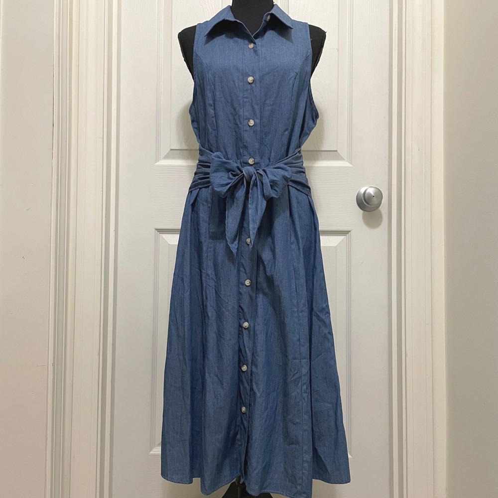 R&K Denim Blue Midi Dress with Waist Tie